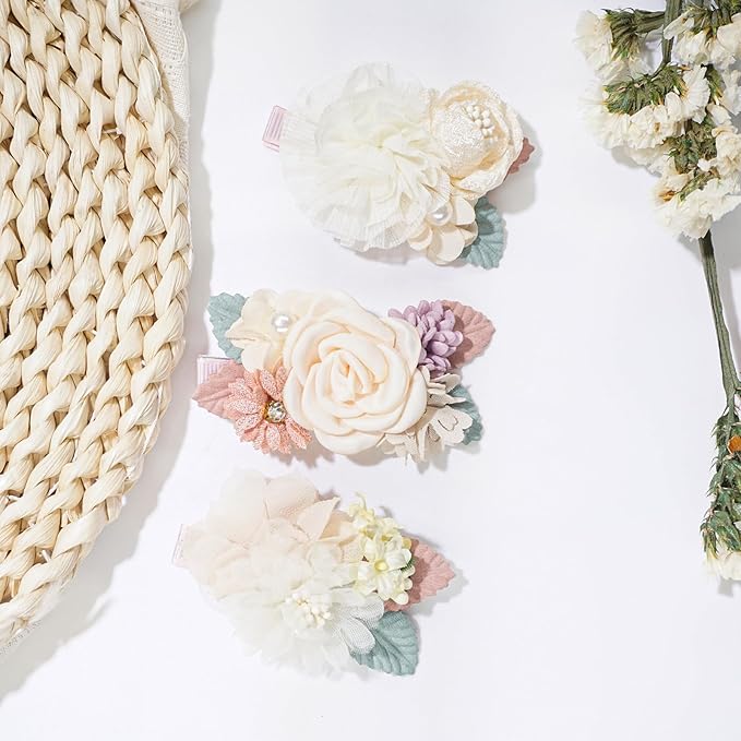3pcs Girls Flower Hair Clips, Floral Hair Barrettes w/Boutique Fully Lined Alligator, Hair Bows for Baby Newborn Toddler