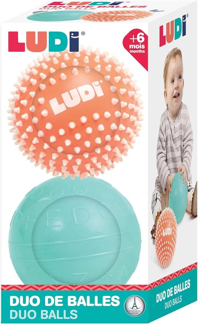Ludi - 2 Soft Ribbed & Spiky Sensory Balls - Baby Activity Toy - from 6 Months - Develops Touch, Fine Motor Skills & Discovery - Diameter 13 cm - Orange & Blue