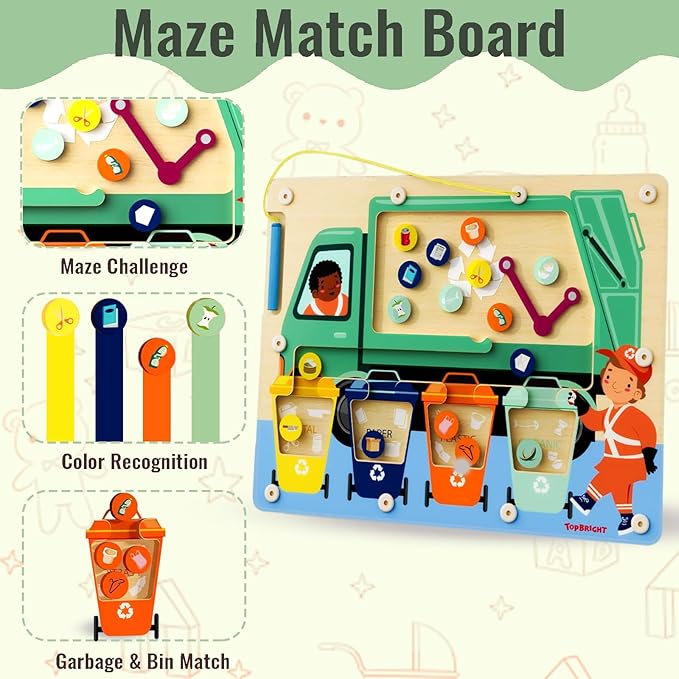 TOP BRIGHT Magnetic Color Maze Sorting Game Montessori Toys for 3+ Year Old Boys Gifts, Wooden Garbage Recycling Game Toddler Travel Toys Fine Motor Skills