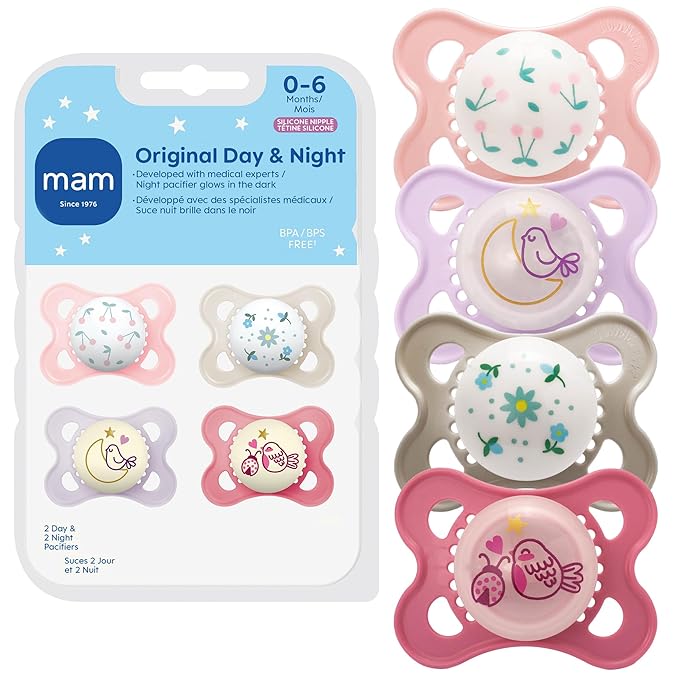 MAM Original Baby Pacifiers 0-6 Months, Binky for Newborn Babies, BPA-Free Skin Soft Silicone Nipple, Glows in The Dark, Developed with Medical Experts, 4 Count, Sterilizer Case, Made in Europe