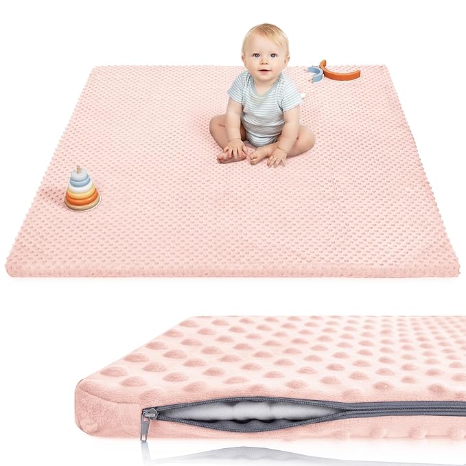 Huloo Sleep Baby Floor Play Mat for Playpen, Extra Thick 50"x50" Padded Mat with Ultra Soft 3D Minky Dot & Removable Washable Cover, Non-Slip & Safe for Crawling,Tummy Time,Infant/Toddler (Pink)