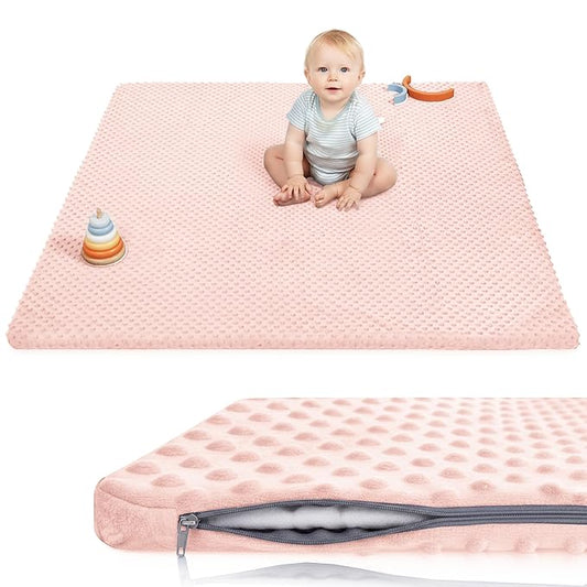 Huloo Sleep Baby Floor Play Mat for Playpen, Extra Thick 50"x50" Padded Mat with Ultra Soft 3D Minky Dot & Removable Washable Cover, Non-Slip & Safe for Crawling,Tummy Time,Infant/Toddler (Pink)