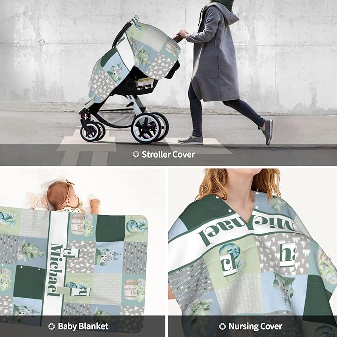 Personalized Baby Car Seat Canopy for Babies with Name, Custom Car Seat Covers for Boys Girls, Cute Dragon Nursing Breastfeeding Stroller Cover Infant Carseat Canopies for Newborn