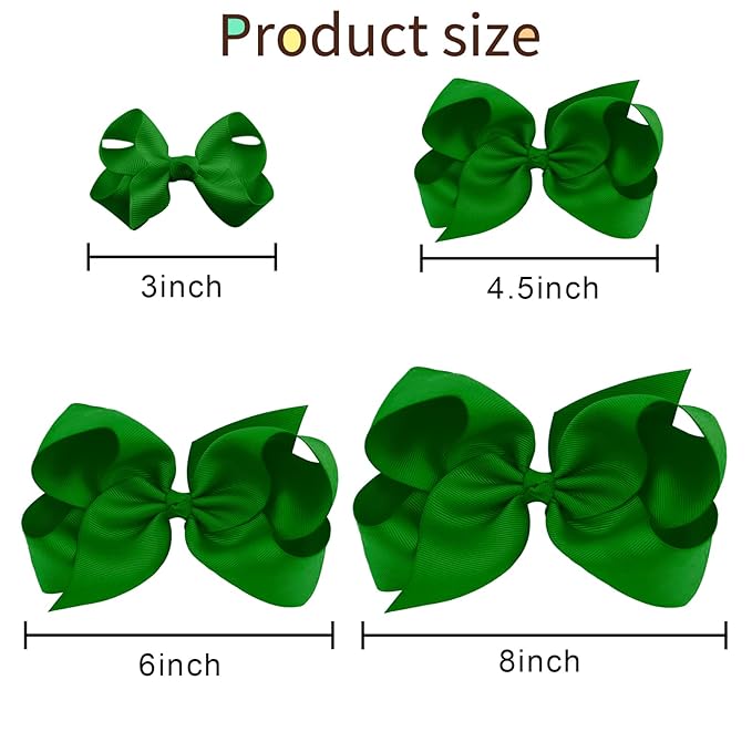 Oaoleer 8PCS Hair Bows for Girls Green Grosgrain Ribbon Boutique Bow Alligator Clips Hair Accessories for Toddlers Little Girls Kids (8inch, 6inch, 4.5inch, 3inch in Pair)
