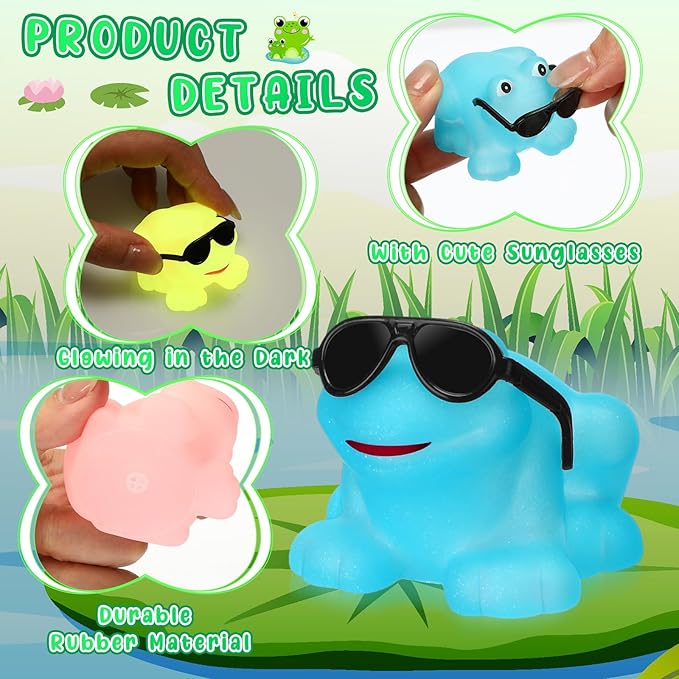 Halloscume 24 Pack Glow in The Dark Rubber Frogs Bulk Luminous Colorful Miniature Frogs with Sunglasses Mini Squeak and Floating Bath Toy Swimming Bathtub Toy for Valentine's Gift Birthday Party Favor