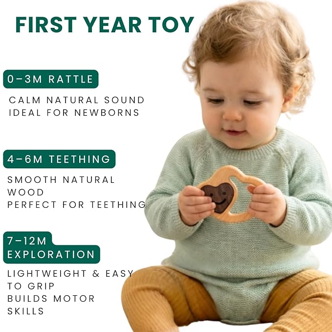 Wooden Baby Rattle & Teething Ring Heart | Natural Montessori Teething Toy Babies 0-3 3-6 6-12 Months | Non-Toxic Organic Hardwood Teether | Safe Sensory Toy Boys Girls | Baby Gift