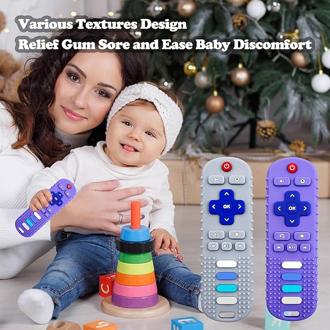 2-Pack Silicone Baby Teething Toys, TV Remote Teethers for 6-12-18 Months Infant, Fire Remote Shape Toddlers Silicone Teethers for Boys and Girls Sensory Toy(Black+Blue)