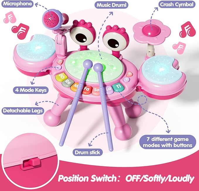 Toddler Drum Set for Kids 1-3, Baby Drum Set 1 Year Old with Light-Up Microphone, Musical Instruments Montessori Learning Toys for 6 9 12 18 Months, Birthday Gift for Boys Girls（Pink）
