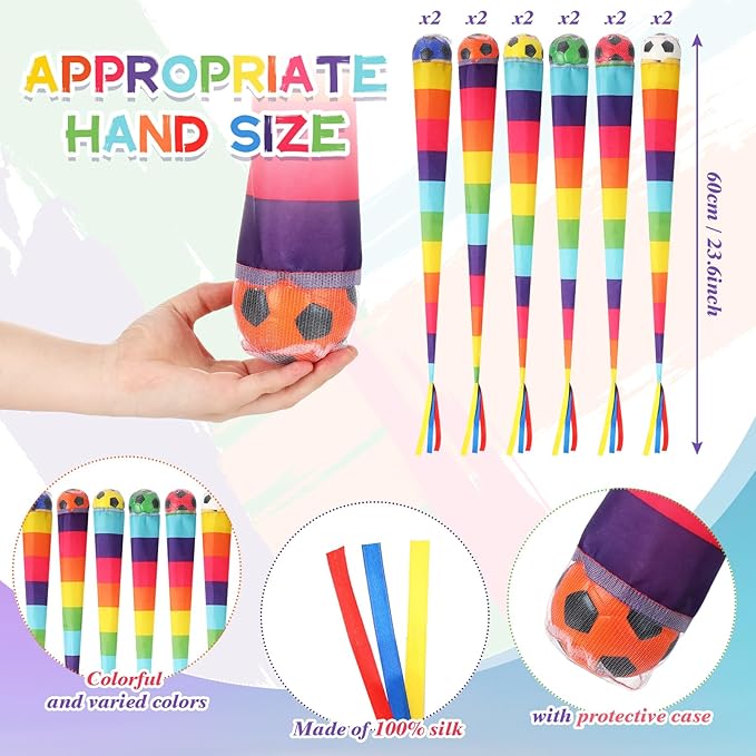 Leyndo 12 Pcs Throw and Catch Soccer Balls with Rainbow Tail, Fun Colorful Sports Comet Balls Playground Toys for School Classroom Beach Outdoor Camping Healthy and Fun Games, 23.6 Inch Long