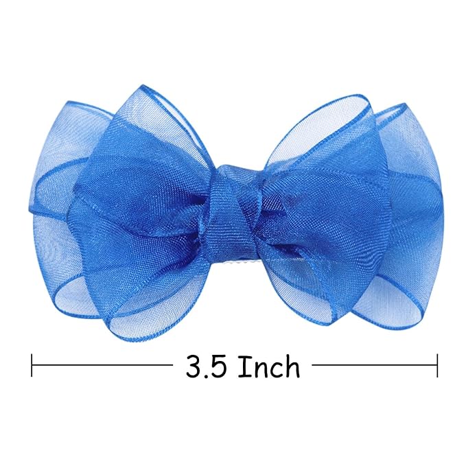 3.5-Inch Organza Hair Bows for Girls - Elegant Sheer Ribbon Alligator Clips for Toddlers, Kids, and Teens - Pack of 2, Royal Blue