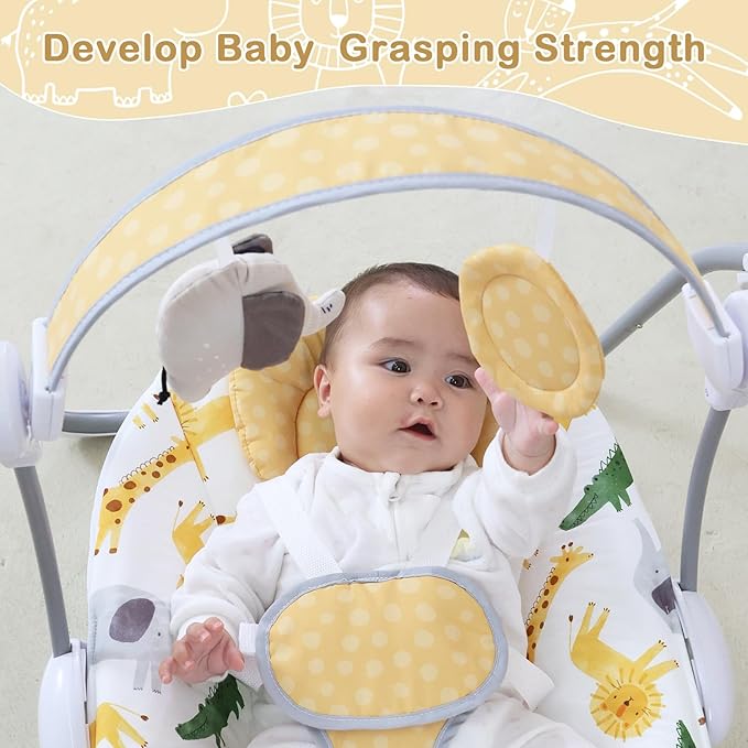 Baby Swing for Infant,Newborn Swing with Music,5 Speed Levels,Timing Setting,Soft Cushion,Foldable Infant Swing with Hanging Elephant Toy & Mirror for Indoor Outdoor Use 0-9 Months