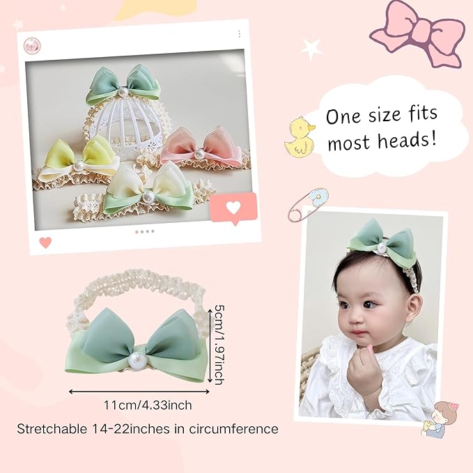 Bow Lace Headbands for Baby Girls Soft Tulle Ribbon Pearl Head Wrap Elastic Bow-knot Hair Band Shower Birthday Hair Accessory for Newborn Infant Toddler (Green C, Elastic)