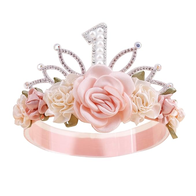 cherrboll Flower Headband Birthday Crown for Girl, Floral Nylon Hairband for 1-3 Years Old Toddler, First 1st Birthday Party Dress Photo Decoration Hair Accessory