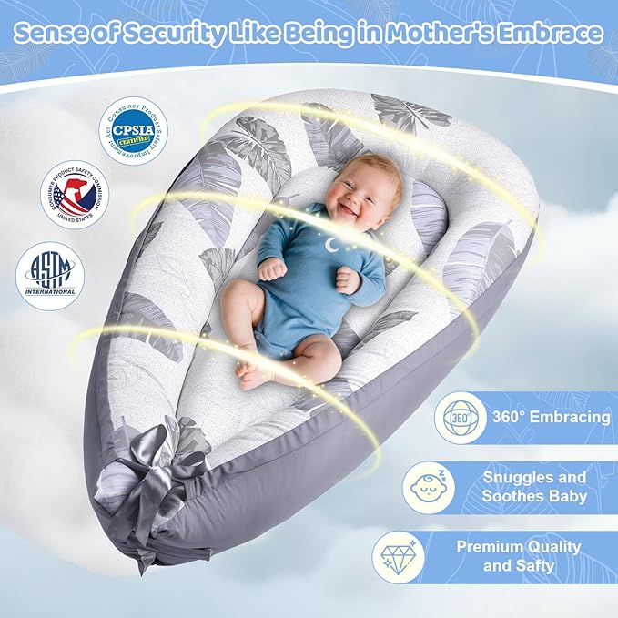 Baby Lounger, Baby Lounger for Newborn 0-24 Months, Premium Soft & Breathable Infant Lounger, Pure Cotton Baby Nest for Boys & Girls, Portable Newborn Lounger for Travel and Home.