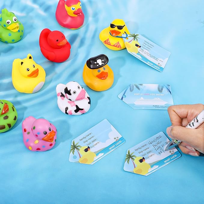 60 PCS Cruise Duck Tags Kits Includes 20 Pcs Cruise Ducks and 20 Pcs Cruise Duck Tags with 20 Pcs Rubber Bands, Cruising Rubber Ducks for Cruise Ship Hiding Ducks