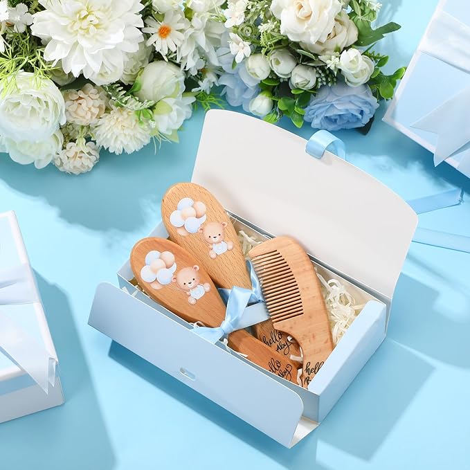 Teenyyou 3 Pcs Baby Hair Brush and Comb Set for Newborn Baby Grooming Kit with Gift Box Wooden Toddler Cradle Cap Brush with Soft Bristle for Boys and Girls Newborn Showers Registries Gift