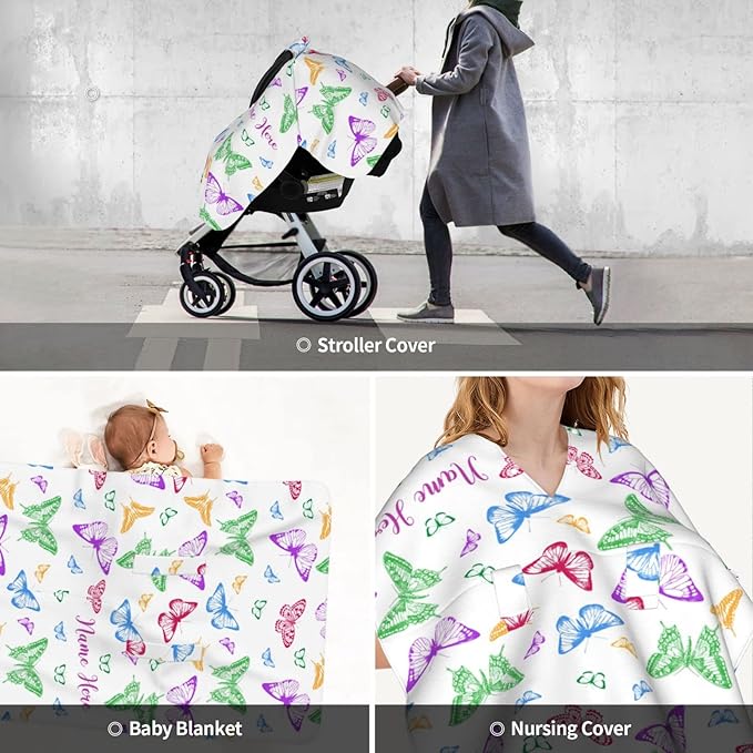 Personalized Colorful Butterfly Baby Car Seat Canopy for Babies with Name, Custom Car Seat Covers for Baby Girls, Peekaboo Opening Minky Nursing Cover Infant Car Seat Canopies for Newborn