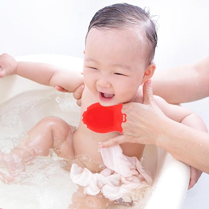 FRCOLOR Baby Head Scrubber Soft Silicone Baby Bath Scalp Brush Massage Flower Shape Cap Essential for Dry Brush Skin Scrubbers Red