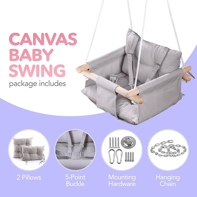 CaTeam - Canvas Baby Swing, Wooden Hanging Swing Seat Chair with Safety Belt, Durable Baby Swing Chair, Outdoor and Indoor Swing for Kids, Mounting Hardware Included, Taupe Gray