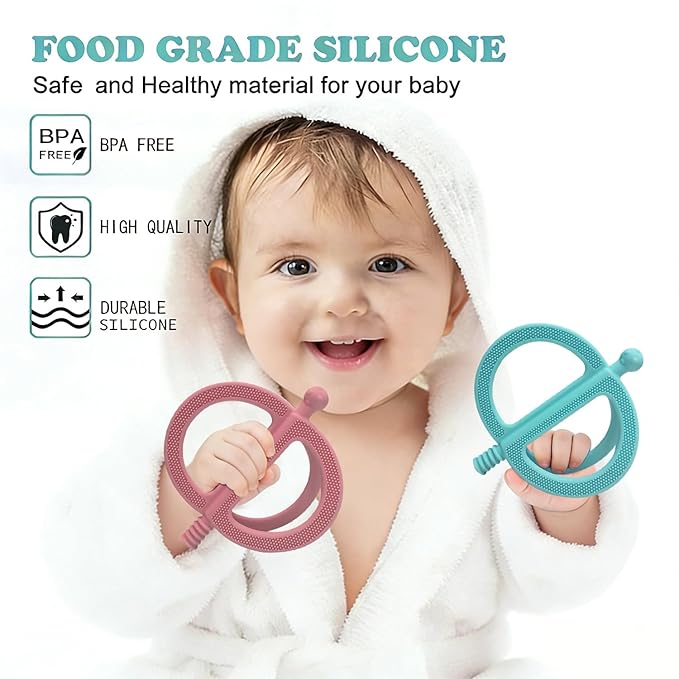 SOLIFEGOBLE 2-Pack Silicone Baby Teething Rings - Easy-Grip Chew Toys with Textured Surfaces, BPA-Free Teethers for Infants 3-12 Months (Light Green+Light Pink)