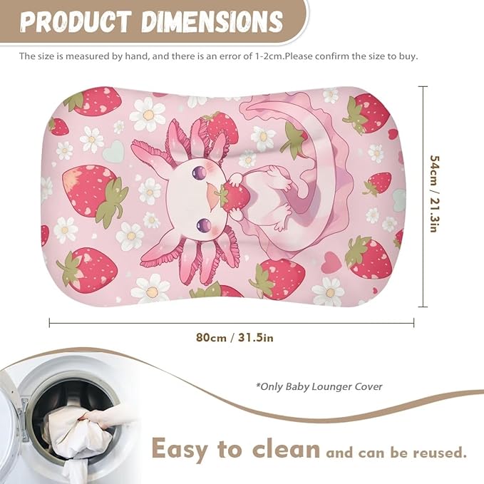 Strawberry Axolotl Baby Lounger Cover for Boys, Pink Newborn Infant Lounger Covers 31.5'' x 21.3'', Soft and Breathable Nest Replacement Slipcover
