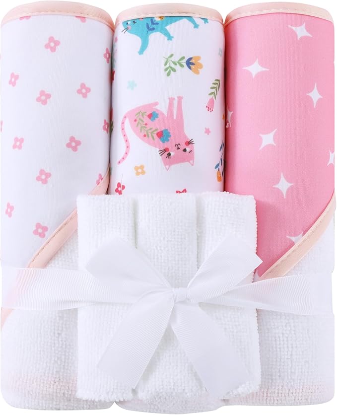 Mooreeke Baby Towel with Hood for Girls Pink Cat Flower Bath Towel for Babies Ultra Soft Absorbent 3 PCS Baby Towels and 3 PCS Washcloths for Newborn Essentials