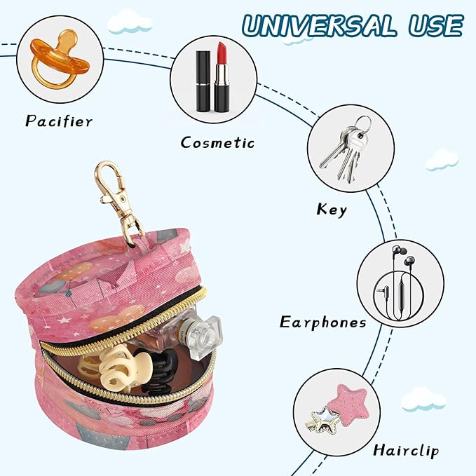Pacifier Holder with Clip Pacifier Case for Diaper Bag Round Baby Pacifier Pouch Box Bag Portable Valentine Gnomes Hearts Pink