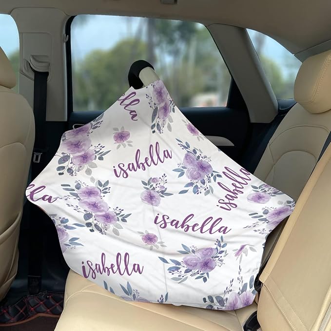 Personalized Baby Car Seat Cover Stroller Canopy: Custom Name Newborn Baby Girl Elastic Purple Flowers Nursing Cover for Moms First Birthday Gift(one Size)
