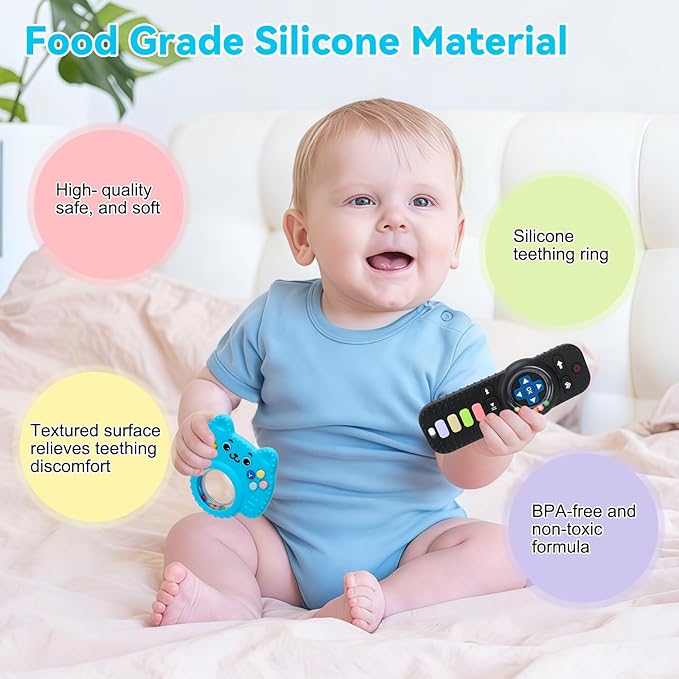 MISSLILI 2 Packs Teething Toy for Babies 0-6-9-12 Months, Silicone Baby Rattles Teether, Teething Relief Infant Toddles TV Remote Control Teether for 3-24 Months