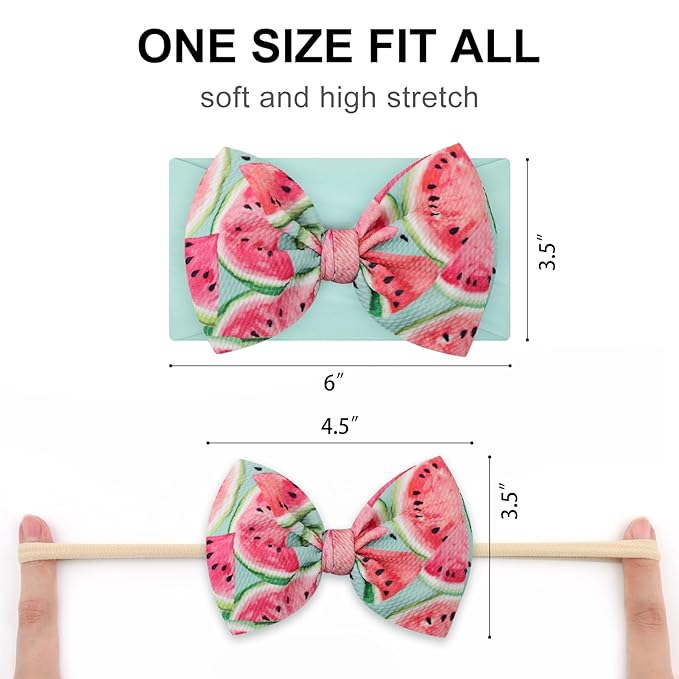 4.5'' Baby Bows Handmade Headbands 6'' Printed Tied Bow Elastic Nylon Hair Accessories for Baby Girls Newborn Infant 2 Pcs Aqua Watermelon