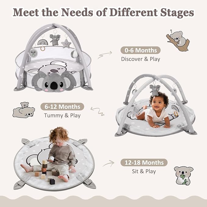 7-in-1 XL Large Baby Play Gym Mat, Tummy Time Mat, Baby Gym & Ball Pit, Baby Activity Mat with Milestone Cards & 6 Detachable Toys for Sensory Motor Skill, Grey Koala