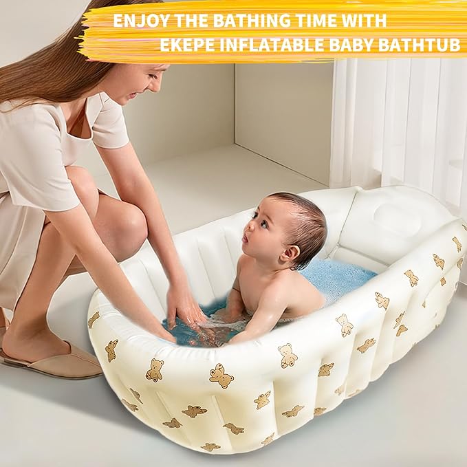EKEPE Inflatable Baby Bathtub with Built in Pump, Collapsible Safe Baby Bathtub for Newborns and Baby, Non-Slip Travel Mini Swimming Pool for Babies 0-5 Years Old - Bear