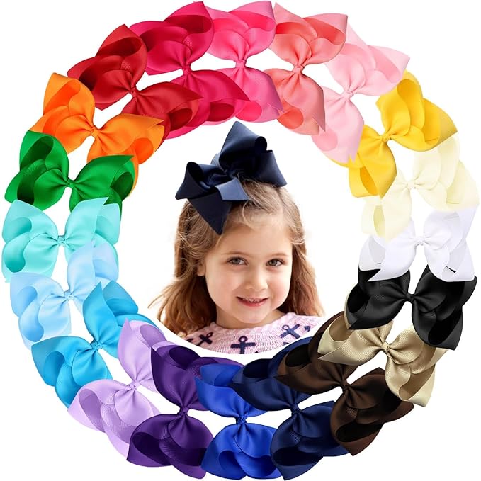 Oaoleer 20PCS 6 Inch Hair Bows for Girls Grosgrain Ribbon Toddler Hair Accessories with Alligator Clips for Toddlers Baby Girls Kids Teens