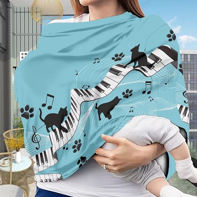 Forchrinse Black Cat Music Piano Carseat Cover for Baby,Stretchy Infant Car Seat Canopy,Nursing Cover Mom Privacy Breastfeeding Scarf Breathable
