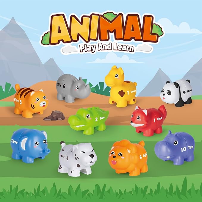 Jetbotell Learning Toys for 2 3 4 Year Old, 20 Pcs Number Matching Game with Digital English, 10 Different Animal Figures, Preschool Activities Montessori Fine Motor Toys for Toddlers Kids