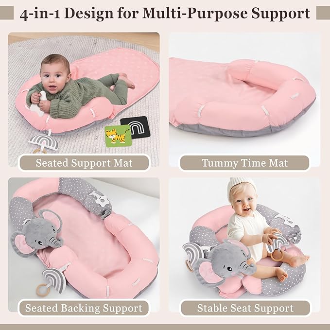 4 in 1 Tummy Time Mat with Educational Cards, Play Mat & Sitting Support for Newborn 0-12 Months, Infant Baby Sit Me Up Floor Seat, Sensory Skills Gifts, Elephant