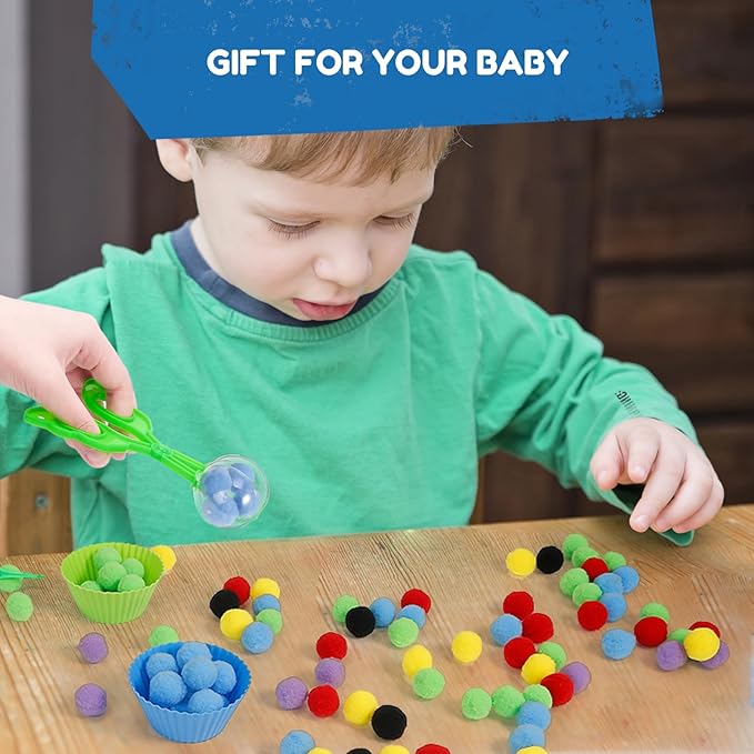 170 PCS Counting Sorting Fine Motor Skills Sensory Bin Filler Include 12 Sorting Bowls, 150 Pom Poms, 6 Tweezers, 2 Scooper Scissors for Kids Early Education, Sorting Counting Training