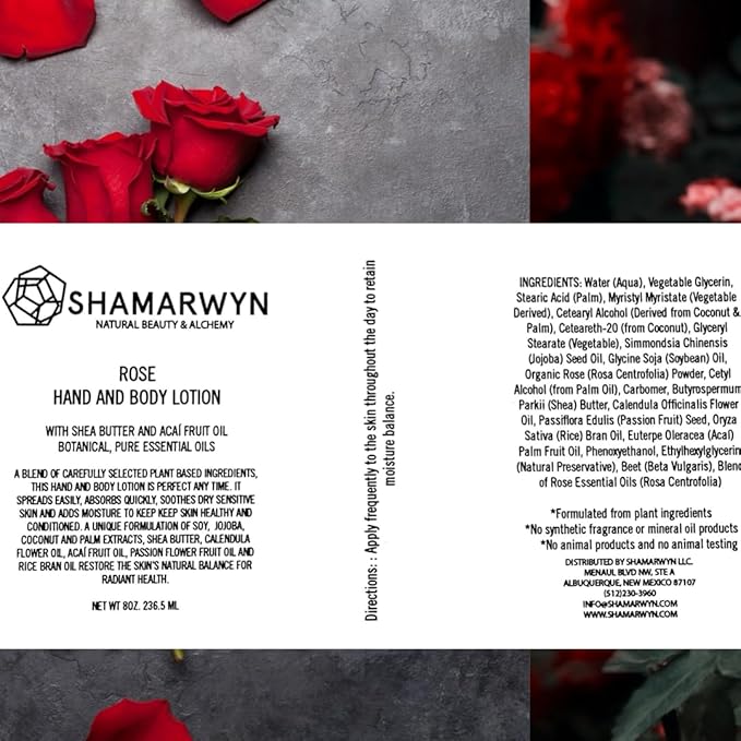 shamarwyn Rose Hand & Body Lotion Natural Organic Shea Butter & Acaí Fruit Oil for Dry Skin 8oz