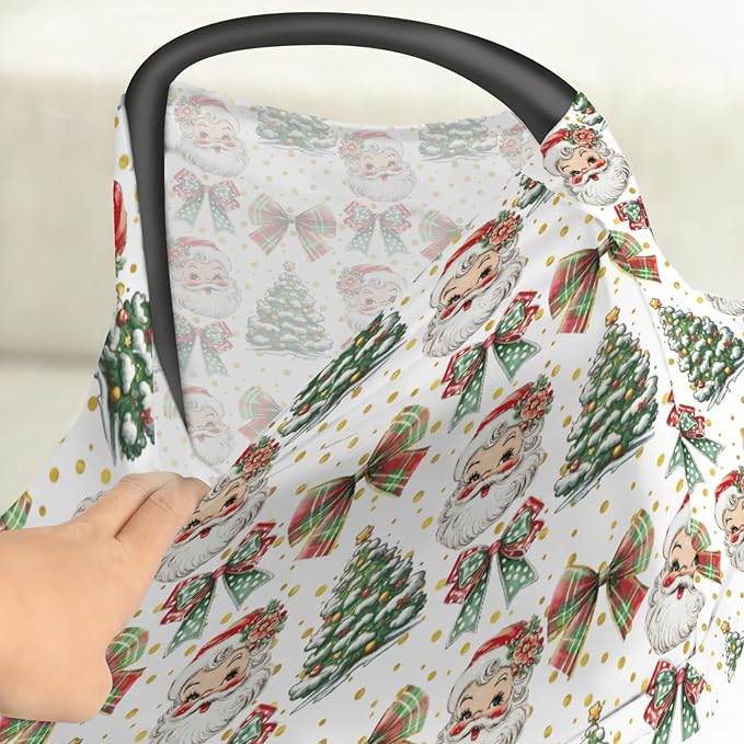 Christmas Santa Trees Car Seats Cover for Babies Santa Claus Red Green Bows Stretchy 5-in-1 Cover Adjustable Car Canopy Cover Winter Holiday Breathable Nursing Cover-Up