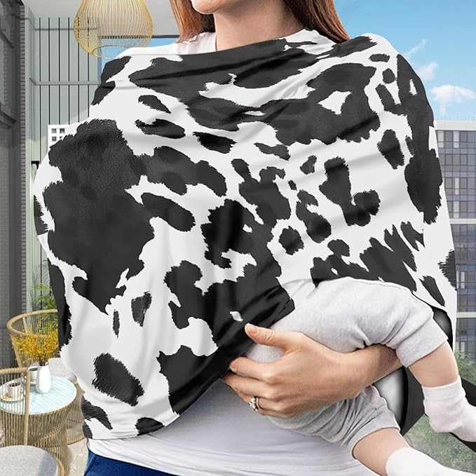Wanyint Cow Print Black White Stretchy Nursing Scarf Car Seat Canopy Baby Car Seat Cover, Baby Breastfeeding Stroller High Chair Shopping Cart Cover for Boys Girls