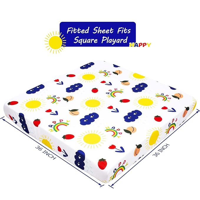 Cloele Square Playard/Playpen Baby Fitted Sheets Perfect for 36 X 36 Portable Playard Mattresses - Square Pack and Play Crib Sheets - Ultra Soft Microfiber Rainbow Fitted Playpen Sheet for Girls