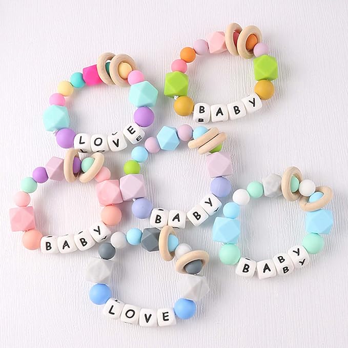 Personalized Baby Teether Ring with Name, Custom Silicone Wooden Rattle Teething Ring for Boys and Girls