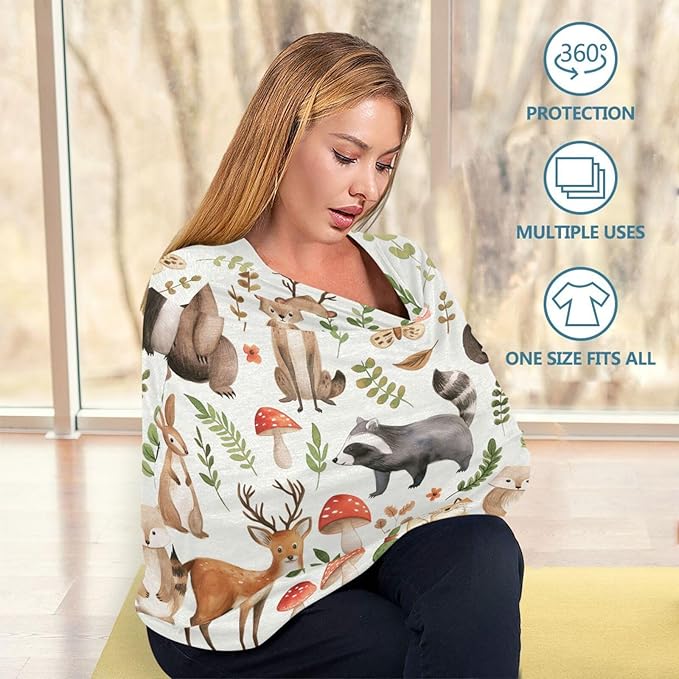 Blueangle Cute Woodland Animals Baby Car Seat Cover Canopy Stretchy Soft Nursing Breastfeeding Cover Multi-Use Breathable Stroller Cover, Mother's Day Gifts