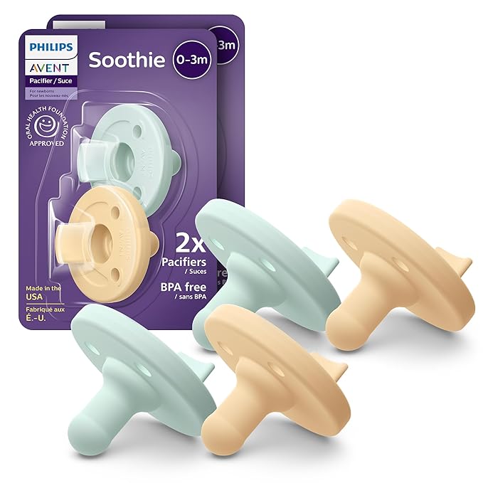 Philips Avent Soothie Baby Pacifiers - 100% Silicone Pacifiers for Babies 0-3 Months, One-piece Design, BPA-Free, Extra Durable, Green and Yellow, 4 Pack, Model SCF190/71
