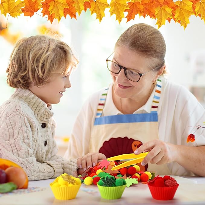 Blosssound 265 Pcs Fall Fine Motor Thanksgiving Counting Sorting Sensory Bin Filler Set Includes Pom Poms Fall Leaves Sorting Cups Tweezers Scissors Clips for Autumn Thanksgiving Decor Early Education