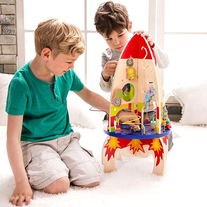 Classic World Wood Multi Activity Rocket Educational Toy for Toddlers with Bead Coaster Gear Game and Baby-Safe Mirror Eco-Friendly Wooden Activity Set Ideal for Ages 18 Months and Up