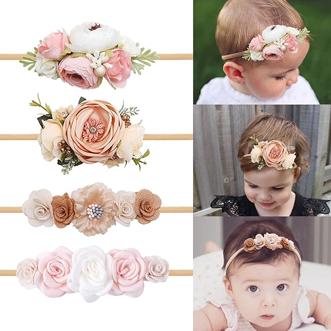 Baby Girl Flower Headband 4 PCS Elastic Hairbands Handmade Nylon Bows Headbands Chic Floral Hair Accessories Kids Gifts for Newborn Infant Toddlers