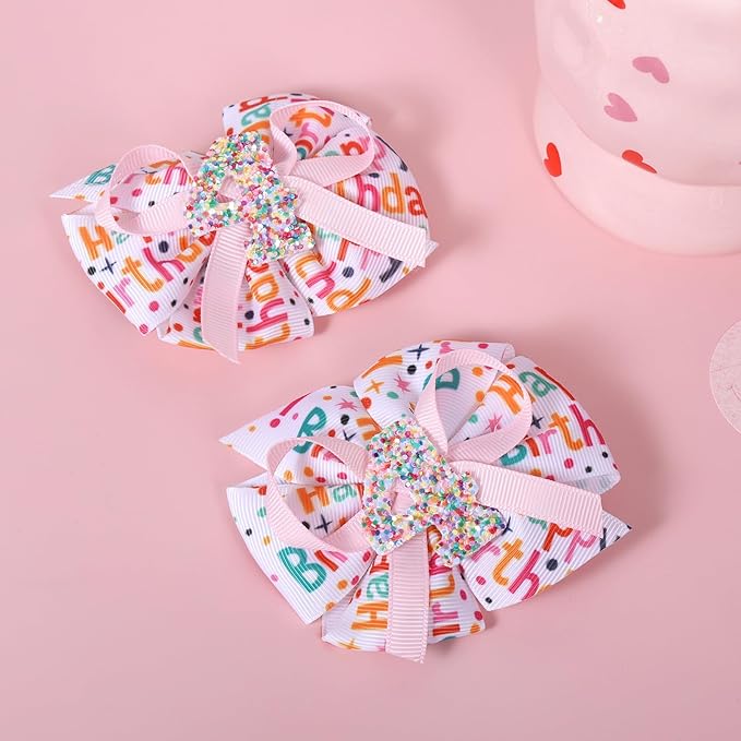 3.5in Glitter Happy Birthday Gift Hair Bows Alligator Clips for Girls 1-6 Years Pink Sprinkle Confetti Ice Cream Party Dress Pigtail Decoration Accessories for Kids 4th Birthday