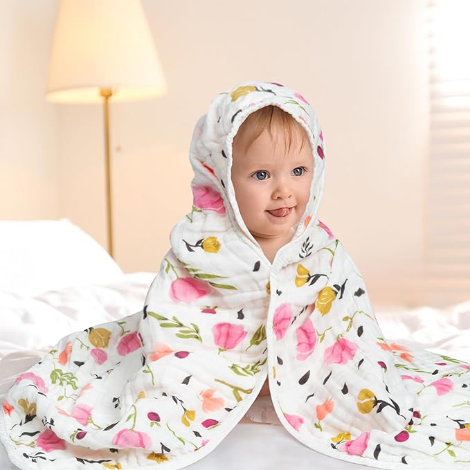 Zainpe 4Pcs Muslin Baby Hooded Towel & Washcloth Set Spring Pink Flowers Pattern Soft Absorbent Cotton Bath Hood Towels for Newborn Toddlers Essentials Boys Girls Infant Shower Gift 31.5 x 31.5 in