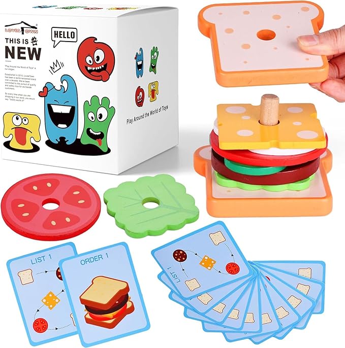 LovesTown Wooden Sandwich Stacking Toys for Kids, Preschool Learning Toys with Cards, Montessori Educational Playset